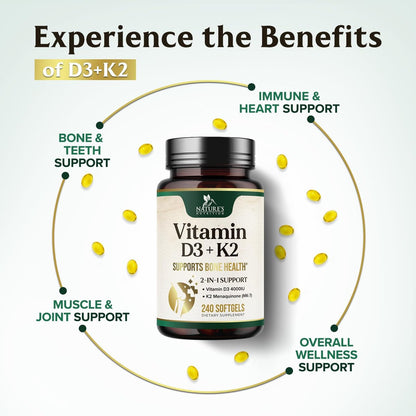 Vitamin D3 4000 IE 100 mcg pro Portion - Extra starke Vitamine D K2 2-in-1 für Knochen-, Herz- und Muskelfunktion - Immununterstützung & Kalziumaufnahme mit Olivenöl - Non-GMO in den USA abgefüllt - 240 Weichkapseln