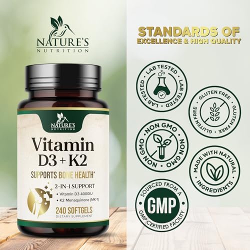 Vitamin D3 4000 IE 100 mcg pro Portion - Extra starke Vitamine D K2 2-in-1 für Knochen-, Herz- und Muskelfunktion - Immununterstützung & Kalziumaufnahme mit Olivenöl - Non-GMO in den USA abgefüllt - 240 Weichkapseln