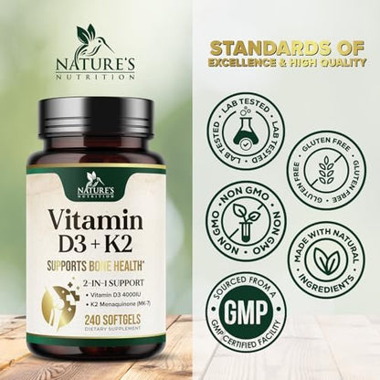 Vitamin D3 4000 IE 100 mcg pro Portion - Extra starke Vitamine D K2 2-in-1 für Knochen-, Herz- und Muskelfunktion - Immununterstützung & Kalziumaufnahme mit Olivenöl - Non-GMO in den USA abgefüllt - 240 Weichkapseln
