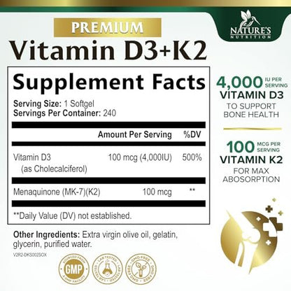 Vitamin D3 4000 IE 100 mcg pro Portion - Extra starke Vitamine D K2 2-in-1 für Knochen-, Herz- und Muskelfunktion - Immununterstützung & Kalziumaufnahme mit Olivenöl - Non-GMO in den USA abgefüllt - 240 Weichkapseln