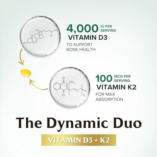 Vitamin D3 4000 IE 100 mcg pro Portion - Extra starke Vitamine D K2 2-in-1 für Knochen-, Herz- und Muskelfunktion - Immununterstützung & Kalziumaufnahme mit Olivenöl - Non-GMO in den USA abgefüllt - 240 Weichkapseln