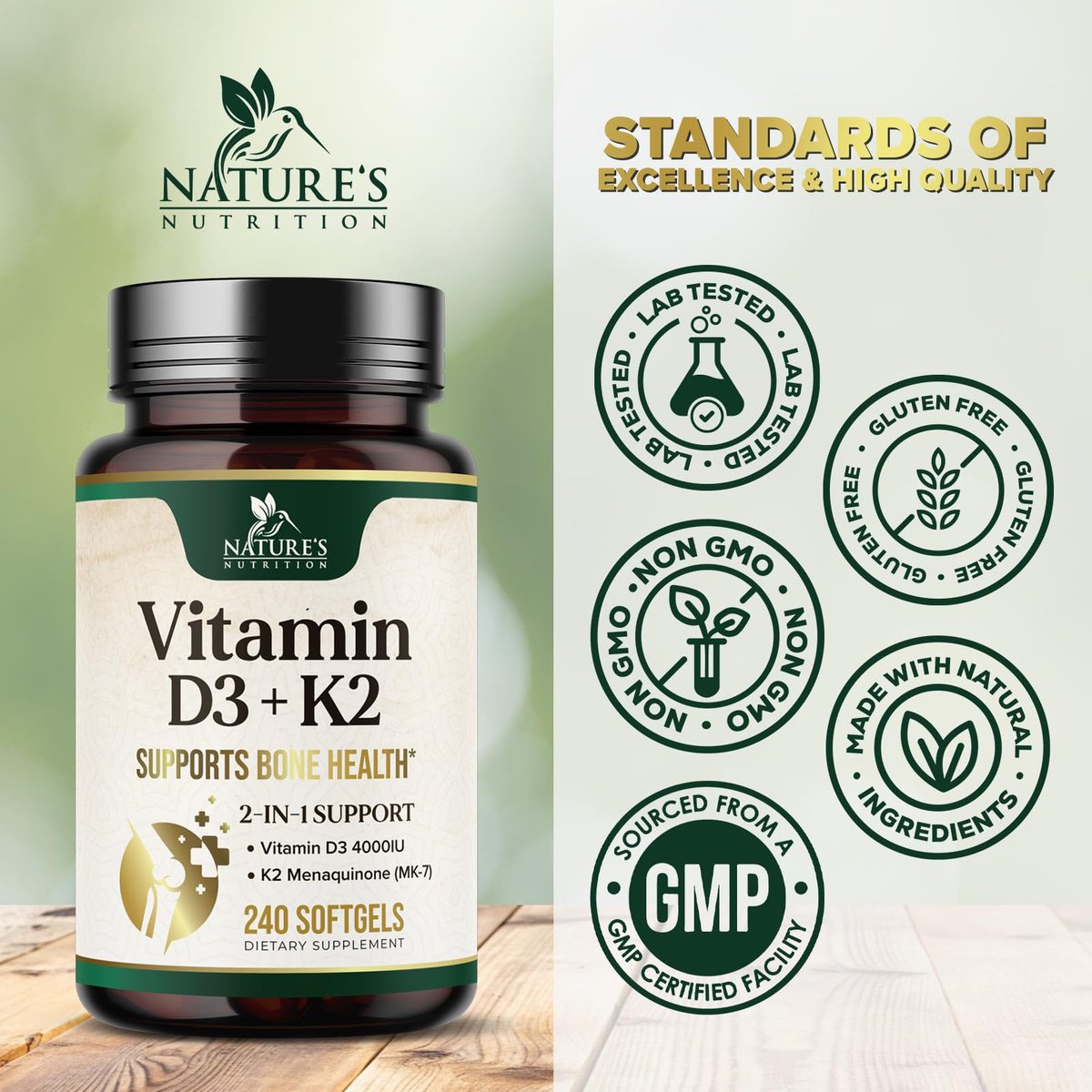 Vitamin D3 4000 IE 100 mcg pro Portion - Extra starke Vitamine D K2 2-in-1 für Knochen-, Herz- und Muskelfunktion - Immununterstützung & Kalziumaufnahme mit Olivenöl - Non-GMO in den USA abgefüllt - 240 Weichkapseln