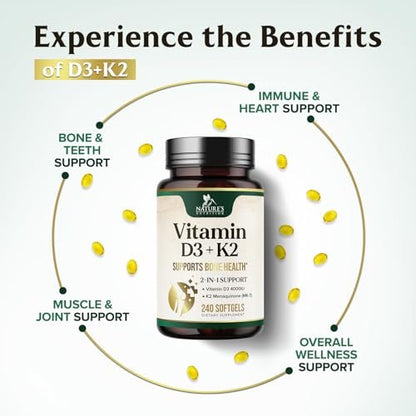 Vitamin D3 4000 IE 100 mcg pro Portion - Extra starke Vitamine D K2 2-in-1 für Knochen-, Herz- und Muskelfunktion - Immununterstützung & Kalziumaufnahme mit Olivenöl - Non-GMO in den USA abgefüllt - 240 Weichkapseln