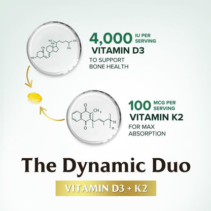 Vitamin D3 4000 IE 100 mcg pro Portion - Extra starke Vitamine D K2 2-in-1 für Knochen-, Herz- und Muskelfunktion - Immununterstützung & Kalziumaufnahme mit Olivenöl - Non-GMO in den USA abgefüllt - 240 Weichkapseln