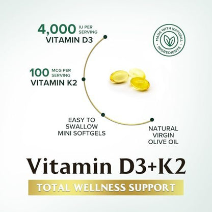 Vitamin D3 4000 IE 100 mcg pro Portion - Extra starke Vitamine D K2 2-in-1 für Knochen-, Herz- und Muskelfunktion - Immununterstützung & Kalziumaufnahme mit Olivenöl - Non-GMO in den USA abgefüllt - 240 Weichkapseln