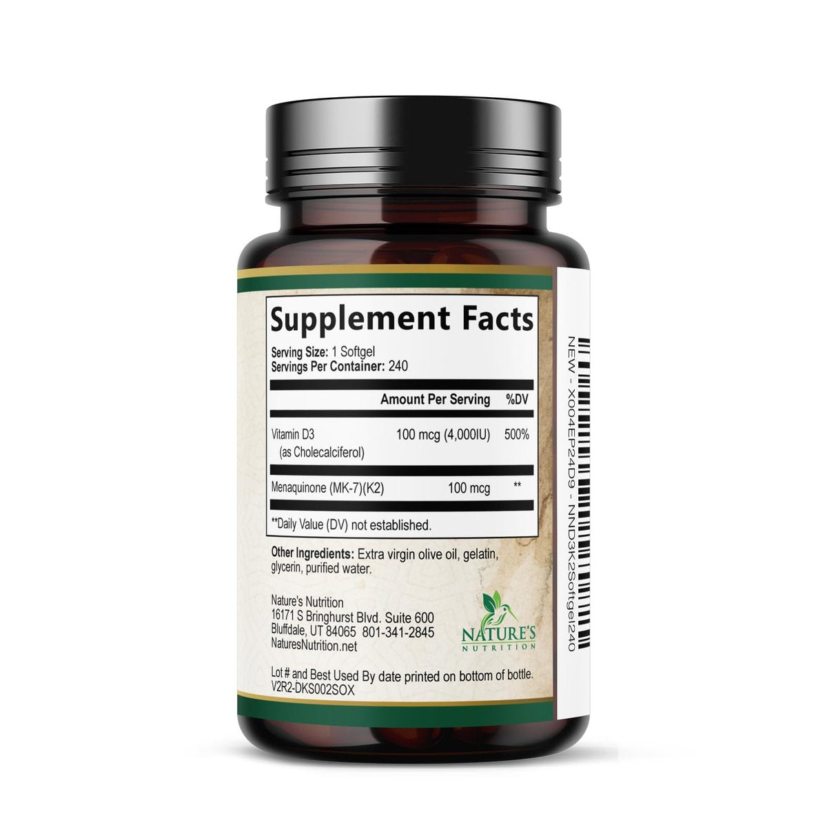 Vitamin D3 4000 IE 100 mcg pro Portion - Extra starke Vitamine D K2 2-in-1 für Knochen-, Herz- und Muskelfunktion - Immununterstützung & Kalziumaufnahme mit Olivenöl - Non-GMO in den USA abgefüllt - 240 Weichkapseln