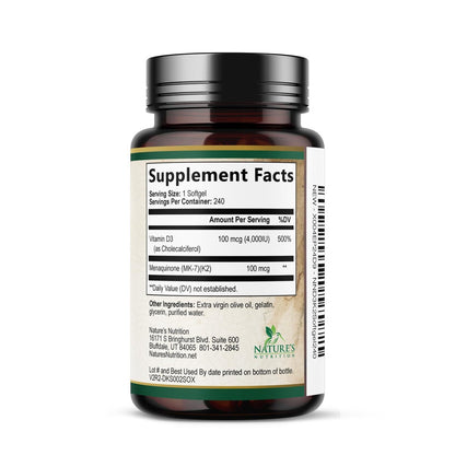 Vitamin D3 4000 IE 100 mcg pro Portion - Extra starke Vitamine D K2 2-in-1 für Knochen-, Herz- und Muskelfunktion - Immununterstützung & Kalziumaufnahme mit Olivenöl - Non-GMO in den USA abgefüllt - 240 Weichkapseln