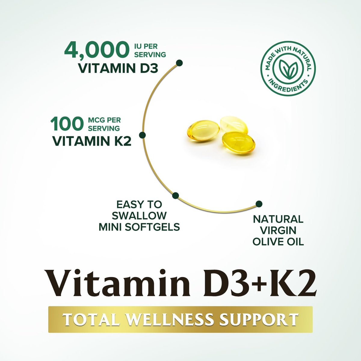 Vitamin D3 4000 IE 100 mcg pro Portion - Extra starke Vitamine D K2 2-in-1 für Knochen-, Herz- und Muskelfunktion - Immununterstützung & Kalziumaufnahme mit Olivenöl - Non-GMO in den USA abgefüllt - 240 Weichkapseln