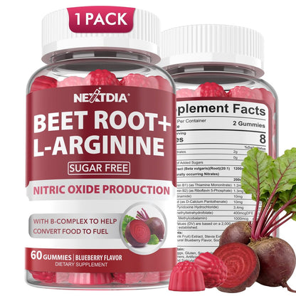 Rote Bete Gummibärchen mit L-Arginin & Vitamin B-Komplex – Zuckerfreie Nitric Oxide Gummies für Energie & Durchblutung, 60 Stück