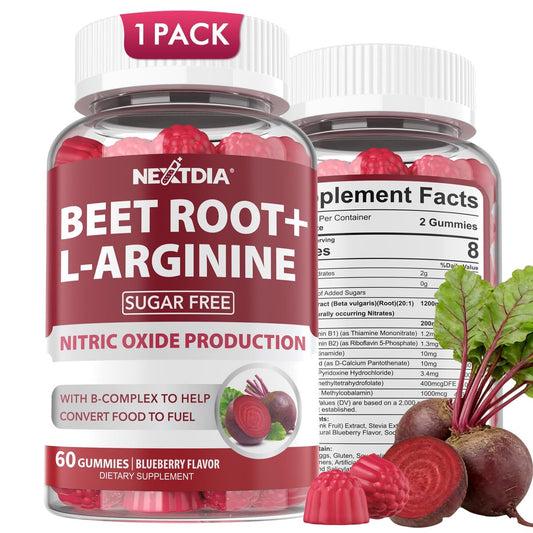 Rote Bete Gummibärchen mit L-Arginin & Vitamin B-Komplex – Zuckerfreie Nitric Oxide Gummies für Energie & Durchblutung, 60 Stück