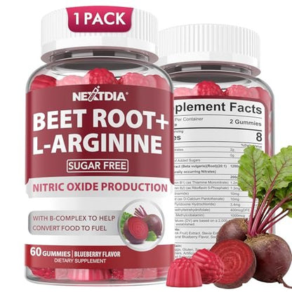 Rote Bete Gummibärchen mit L-Arginin & Vitamin B-Komplex – Zuckerfreie Nitric Oxide Gummies für Energie & Durchblutung, 60 Stück