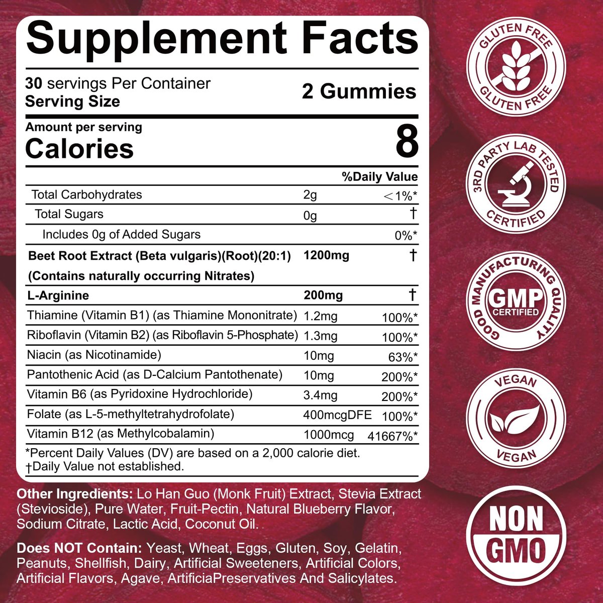 Rote Bete Gummibärchen mit L-Arginin & Vitamin B-Komplex – Zuckerfreie Nitric Oxide Gummies für Energie & Durchblutung, 60 Stück