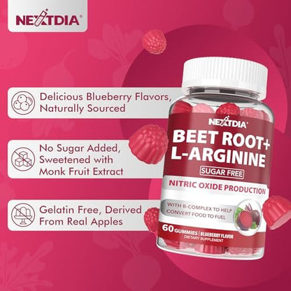 Rote Bete Gummibärchen mit L-Arginin & Vitamin B-Komplex – Zuckerfreie Nitric Oxide Gummies für Energie & Durchblutung, 60 Stück