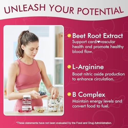 Rote Bete Gummibärchen mit L-Arginin & Vitamin B-Komplex – Zuckerfreie Nitric Oxide Gummies für Energie & Durchblutung, 60 Stück