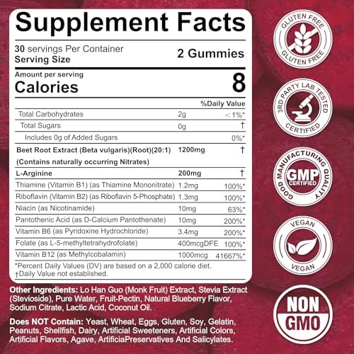 Rote Bete Gummibärchen mit L-Arginin & Vitamin B-Komplex – Zuckerfreie Nitric Oxide Gummies für Energie & Durchblutung, 60 Stück