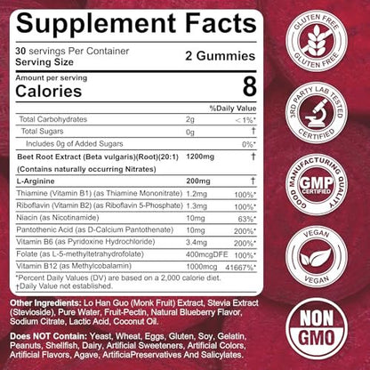Rote Bete Gummibärchen mit L-Arginin & Vitamin B-Komplex – Zuckerfreie Nitric Oxide Gummies für Energie & Durchblutung, 60 Stück