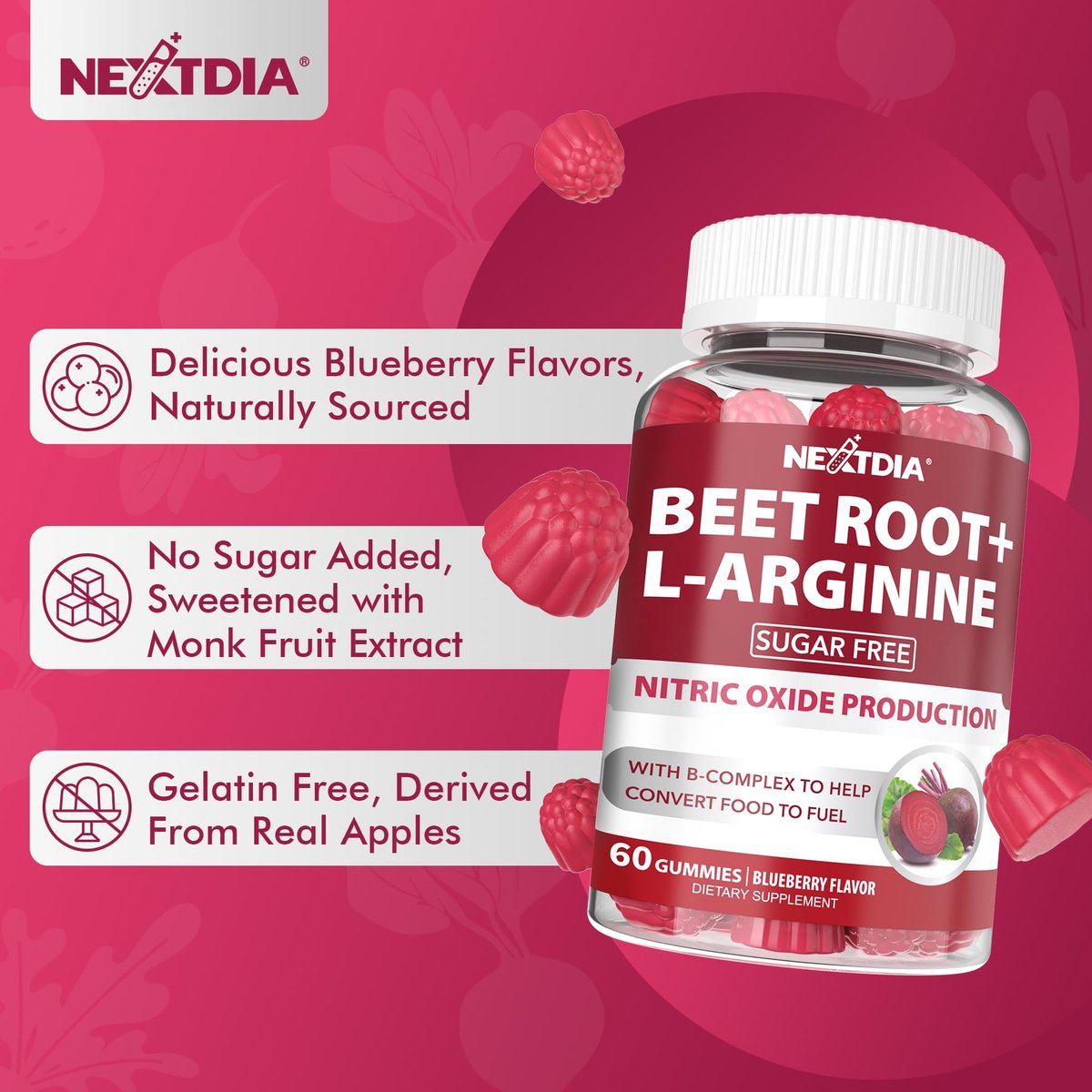 Rote Bete Gummibärchen mit L-Arginin & Vitamin B-Komplex – Zuckerfreie Nitric Oxide Gummies für Energie & Durchblutung, 60 Stück