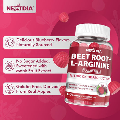 Rote Bete Gummibärchen mit L-Arginin & Vitamin B-Komplex – Zuckerfreie Nitric Oxide Gummies für Energie & Durchblutung, 60 Stück