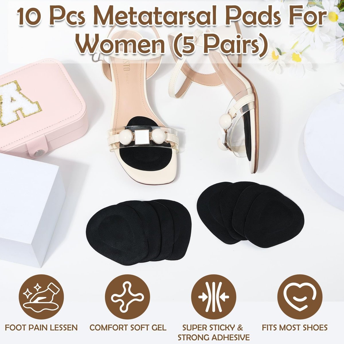 Shynek 10er-Pack Metatarsal-Pads für den Fußballen – Weiche Gel-Fußpolster, selbstklebend, wiederverwendbar, lindert Schmerzen bei Morton-Neurom, für Damen und Herren (Schwarz)