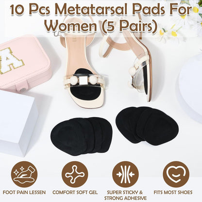 Shynek 10er-Pack Metatarsal-Pads für den Fußballen – Weiche Gel-Fußpolster, selbstklebend, wiederverwendbar, lindert Schmerzen bei Morton-Neurom, für Damen und Herren (Schwarz)