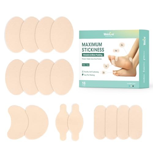 Welnove Moleskin Pflaster für die Füße – Blasenpflaster, Hautschutz für Ferse und Zehen – 16 Blatt in 4 Formen, Beige
