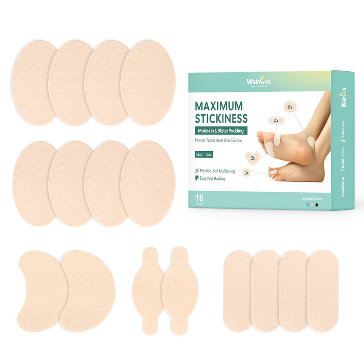 Welnove Moleskin Pflaster für die Füße – Blasenpflaster, Hautschutz für Ferse und Zehen – 16 Blatt in 4 Formen, Beige