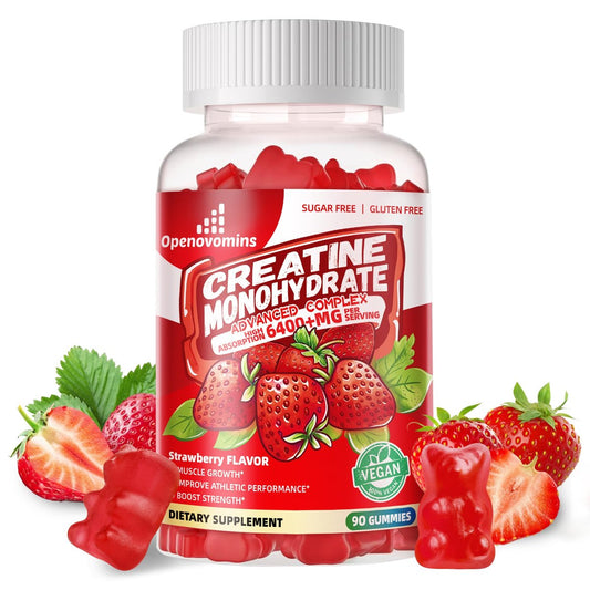 Creatin-Monohydrat Gummis Komplex für Männer & Frauen – Fortschrittliche Formel mit L-Taurin + Vitamin B12, Zuckerfreies Kautabletten, 90 Erdbeer-Gummis