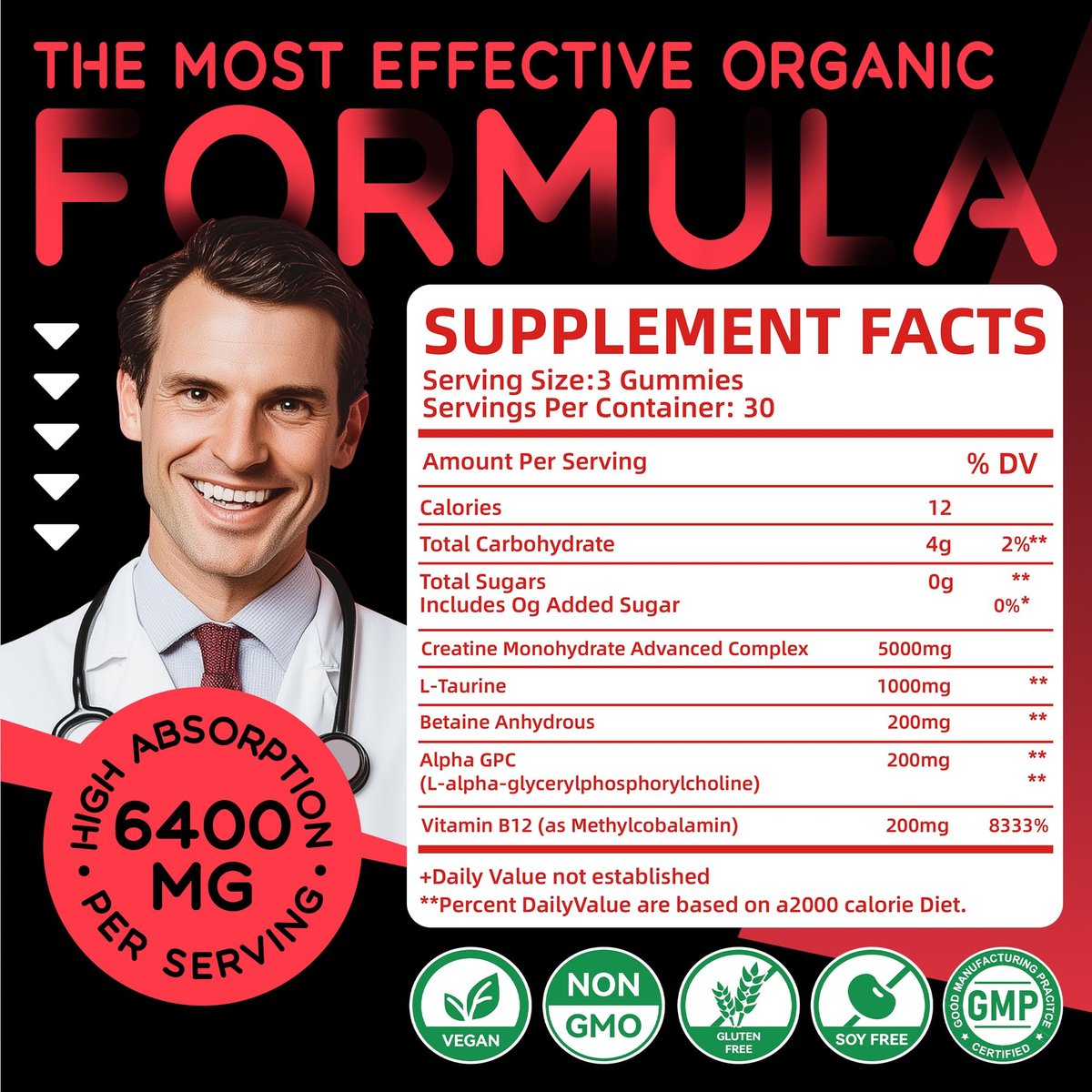 Creatin-Monohydrat Gummis Komplex für Männer & Frauen – Fortschrittliche Formel mit L-Taurin + Vitamin B12, Zuckerfreies Kautabletten, 90 Erdbeer-Gummis