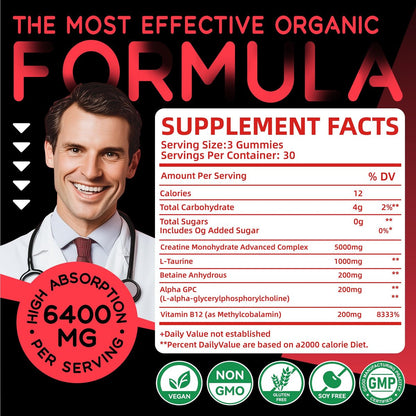 Creatin-Monohydrat Gummis Komplex für Männer & Frauen – Fortschrittliche Formel mit L-Taurin + Vitamin B12, Zuckerfreies Kautabletten, 90 Erdbeer-Gummis