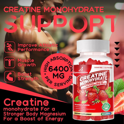 Creatin-Monohydrat Gummis Komplex für Männer & Frauen – Fortschrittliche Formel mit L-Taurin + Vitamin B12, Zuckerfreies Kautabletten, 90 Erdbeer-Gummis