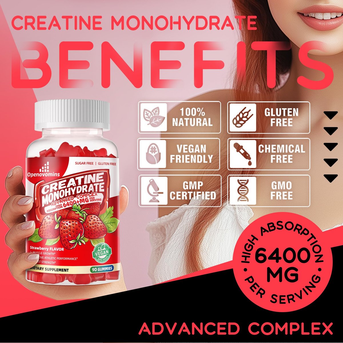 Creatin-Monohydrat Gummis Komplex für Männer & Frauen – Fortschrittliche Formel mit L-Taurin + Vitamin B12, Zuckerfreies Kautabletten, 90 Erdbeer-Gummis