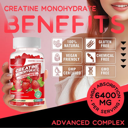 Creatin-Monohydrat Gummis Komplex für Männer & Frauen – Fortschrittliche Formel mit L-Taurin + Vitamin B12, Zuckerfreies Kautabletten, 90 Erdbeer-Gummis