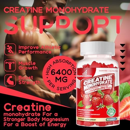 Creatin-Monohydrat Gummis Komplex für Männer & Frauen – Fortschrittliche Formel mit L-Taurin + Vitamin B12, Zuckerfreies Kautabletten, 90 Erdbeer-Gummis