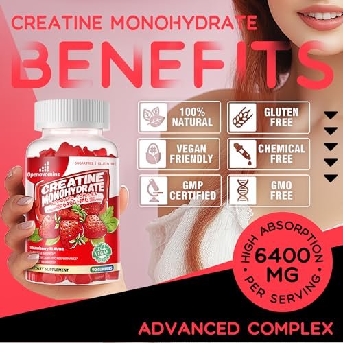 Creatin-Monohydrat Gummis Komplex für Männer & Frauen – Fortschrittliche Formel mit L-Taurin + Vitamin B12, Zuckerfreies Kautabletten, 90 Erdbeer-Gummis