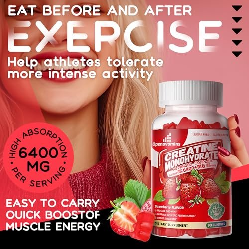 Creatin-Monohydrat Gummis Komplex für Männer & Frauen – Fortschrittliche Formel mit L-Taurin + Vitamin B12, Zuckerfreies Kautabletten, 90 Erdbeer-Gummis