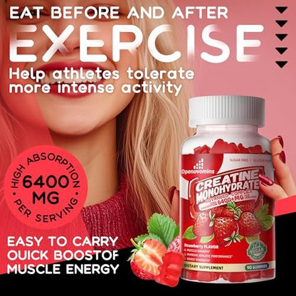 Creatin-Monohydrat Gummis Komplex für Männer & Frauen – Fortschrittliche Formel mit L-Taurin + Vitamin B12, Zuckerfreies Kautabletten, 90 Erdbeer-Gummis