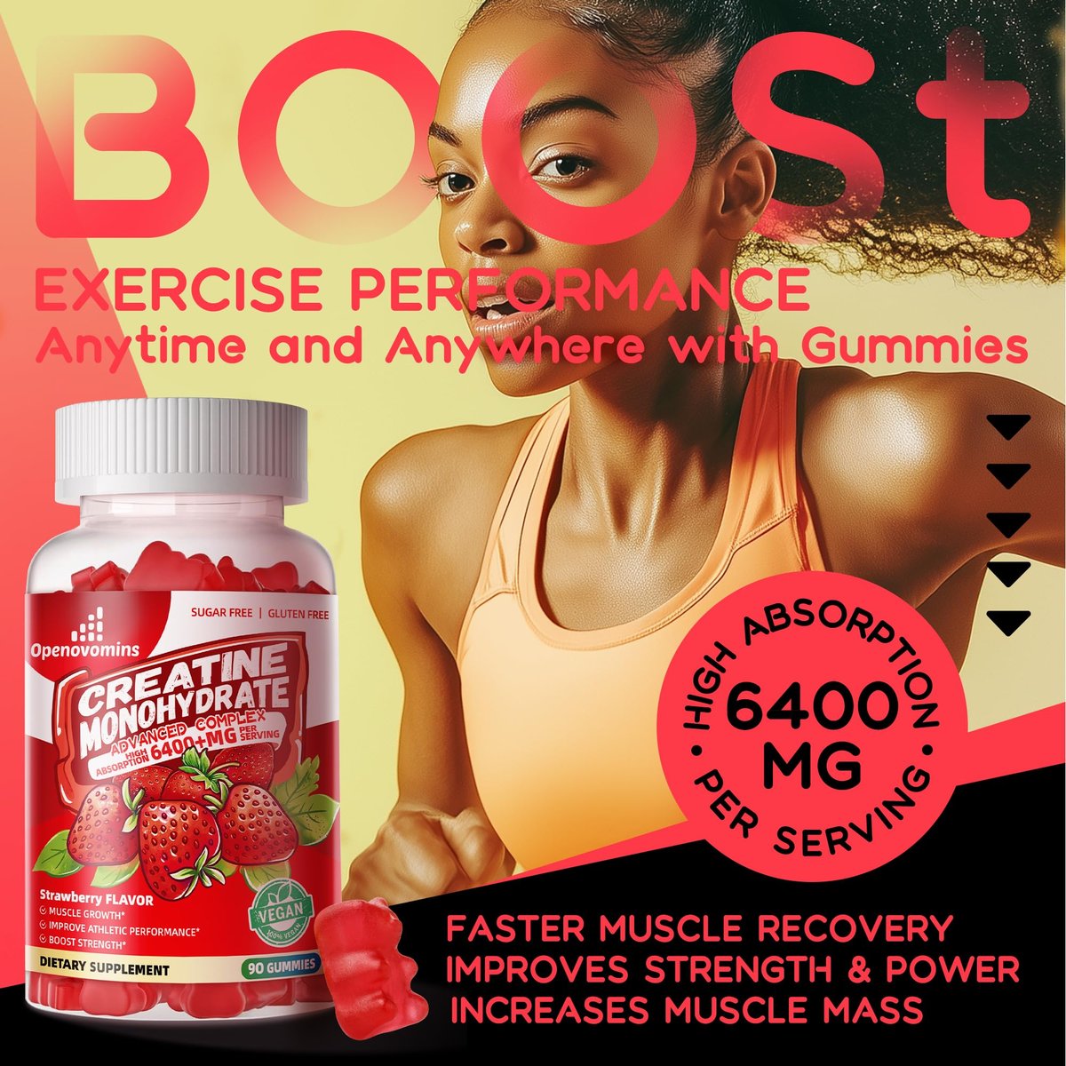 Creatin-Monohydrat Gummis Komplex für Männer & Frauen – Fortschrittliche Formel mit L-Taurin + Vitamin B12, Zuckerfreies Kautabletten, 90 Erdbeer-Gummis