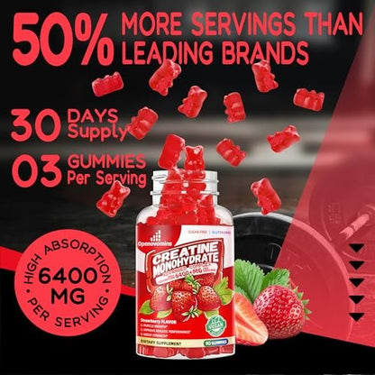 Creatin-Monohydrat Gummis Komplex für Männer & Frauen – Fortschrittliche Formel mit L-Taurin + Vitamin B12, Zuckerfreies Kautabletten, 90 Erdbeer-Gummis