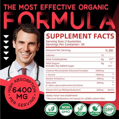 Creatin-Monohydrat Gummis Komplex für Männer & Frauen – Fortschrittliche Formel mit L-Taurin + Vitamin B12, Zuckerfreies Kautabletten, 90 Erdbeer-Gummis