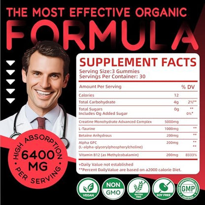 Creatin-Monohydrat Gummis Komplex für Männer & Frauen – Fortschrittliche Formel mit L-Taurin + Vitamin B12, Zuckerfreies Kautabletten, 90 Erdbeer-Gummis