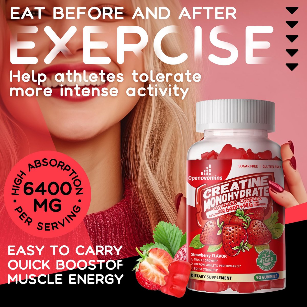 Creatin-Monohydrat Gummis Komplex für Männer & Frauen – Fortschrittliche Formel mit L-Taurin + Vitamin B12, Zuckerfreies Kautabletten, 90 Erdbeer-Gummis