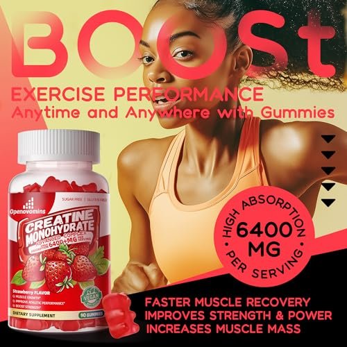 Creatin-Monohydrat Gummis Komplex für Männer & Frauen – Fortschrittliche Formel mit L-Taurin + Vitamin B12, Zuckerfreies Kautabletten, 90 Erdbeer-Gummis