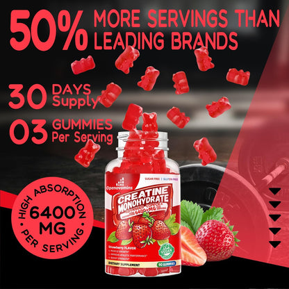 Creatin-Monohydrat Gummis Komplex für Männer & Frauen – Fortschrittliche Formel mit L-Taurin + Vitamin B12, Zuckerfreies Kautabletten, 90 Erdbeer-Gummis