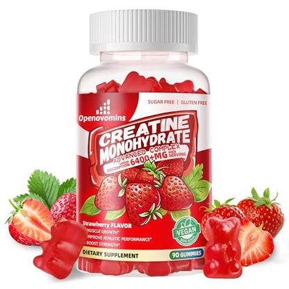 Creatin-Monohydrat Gummis Komplex für Männer & Frauen – Fortschrittliche Formel mit L-Taurin + Vitamin B12, Zuckerfreies Kautabletten, 90 Erdbeer-Gummis