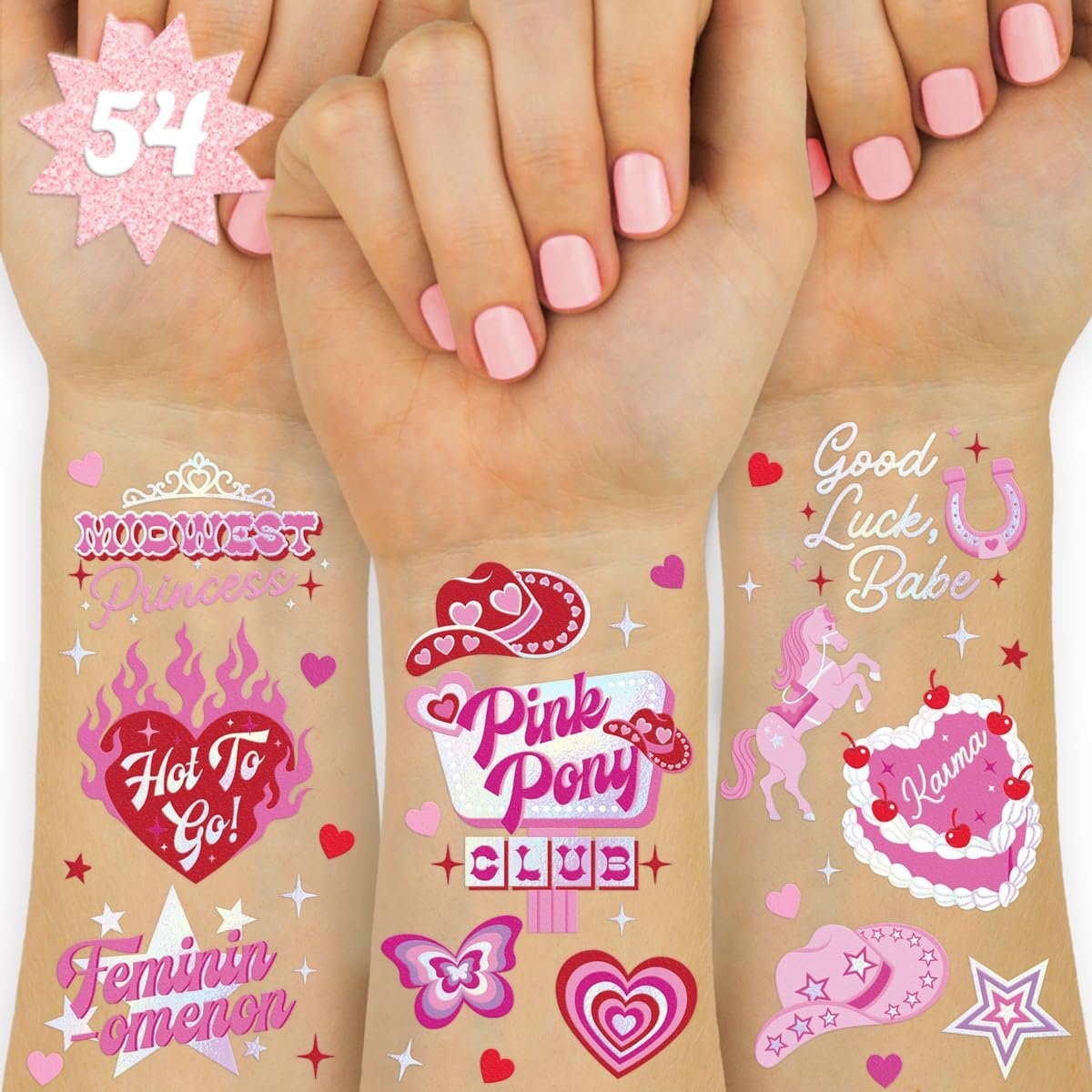 xo, Fetti Pink Pony Club Temporäre Tattoos - 54 Iridescent Foil Teile | Cowgirl Junggesellinnenparty, Valentinstag-Geschenke, Geburtstagsaccessoire, Galentine's Bach-Aktivität
