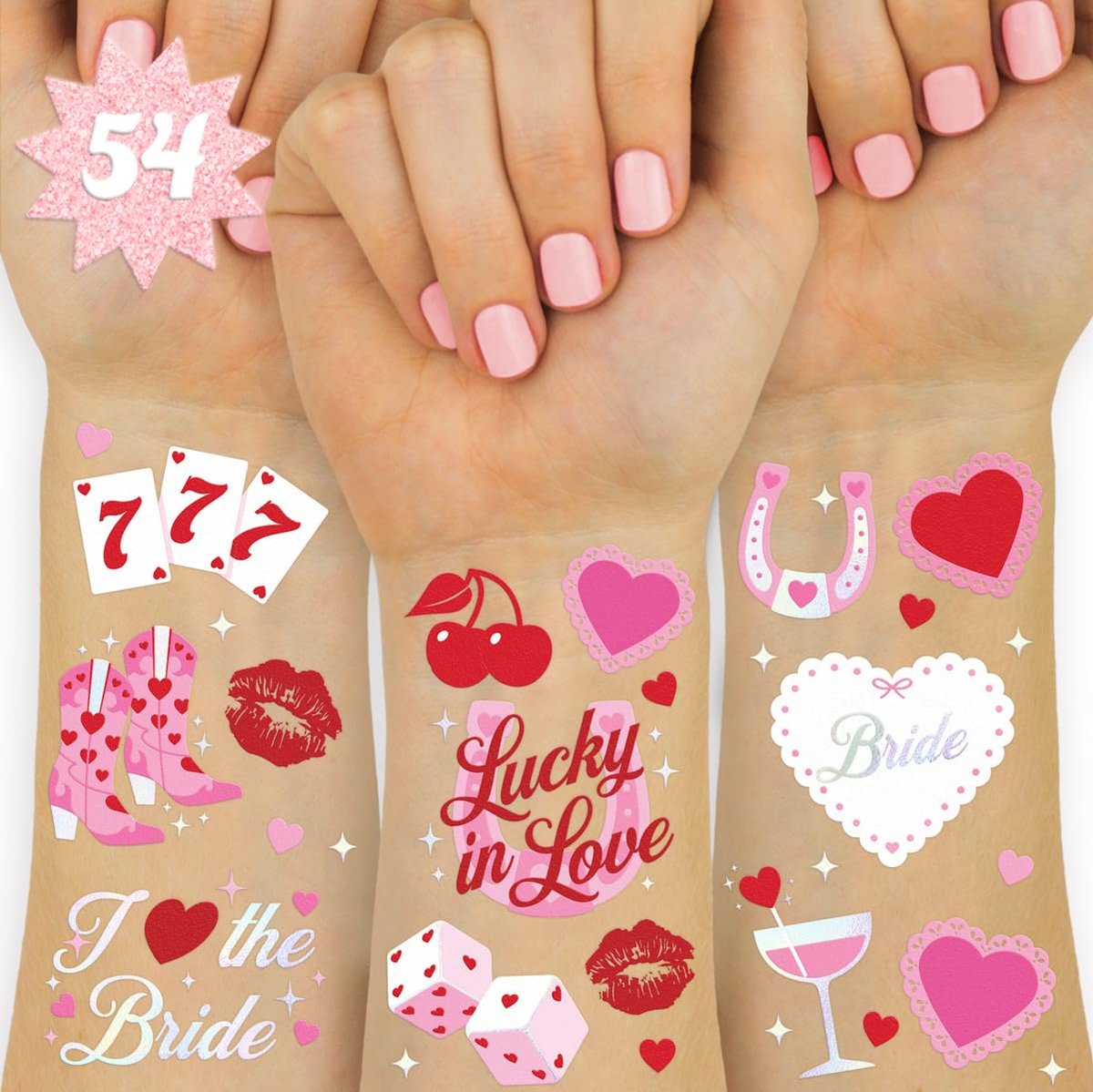 xo, Fetti Lucky in Love Temporäre Tattoos - 54 Irideszierende Folien-Stücke | Western Junggesellinnenparty, Kirsch-Gefälligkeiten, Vegas Brautaccessoire, Casino Bach Aktivität, Süße Aufkleber