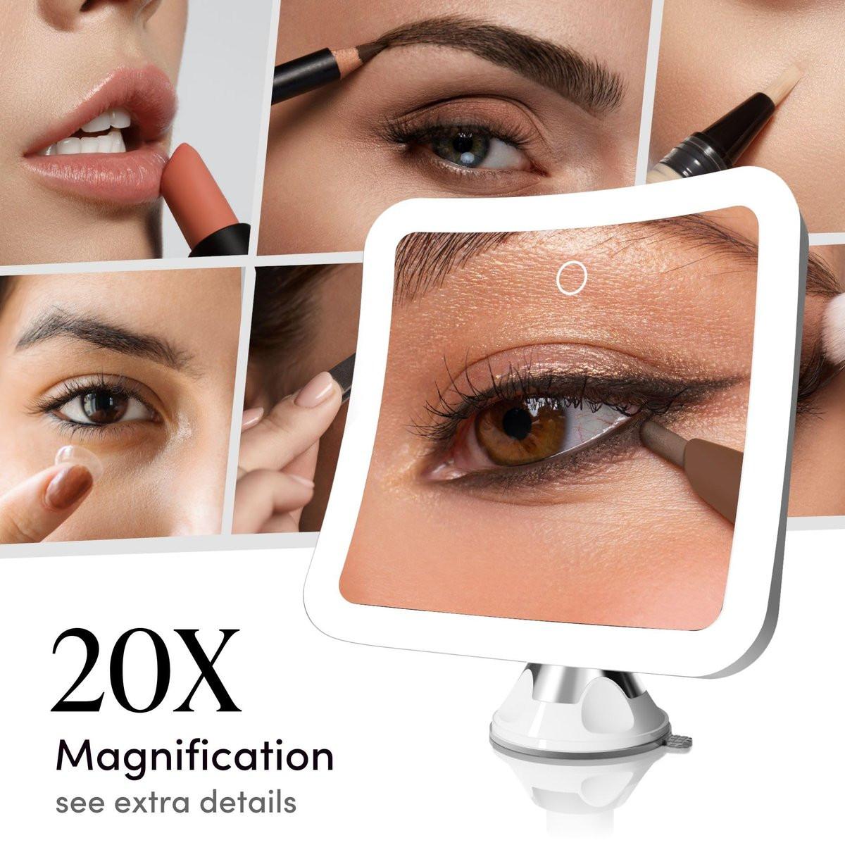 Fancii 20x Vergrößerungsspiegel Make-up-Spiegel mit LED-Lichtern, wiederaufladbar, hohe Vergrößerung | 7-Zoll großer beleuchteter Reisespiegel für Schminktisch und Badezimmer, dimmbar, 3 Lichtmodi, starker Saugnapf, 360° Drehung