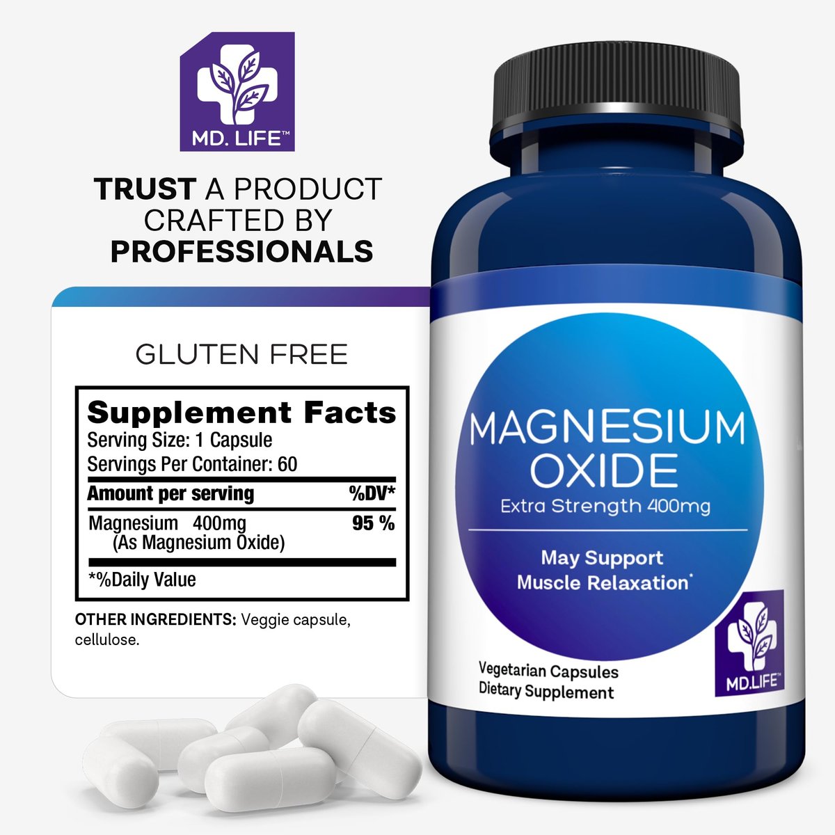 MD. Life Magnesiumoxid 400 mg Kapseln – Hochdosiertes Magnesium für Beinkrämpfe, Schlaf & Gefäßgesundheit – 60 Kapseln – Non-GMO für Frauen