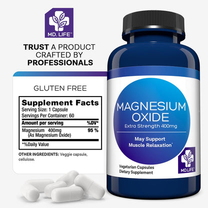 MD. Life Magnesiumoxid 400 mg Kapseln – Hochdosiertes Magnesium für Beinkrämpfe, Schlaf & Gefäßgesundheit – 60 Kapseln – Non-GMO für Frauen
