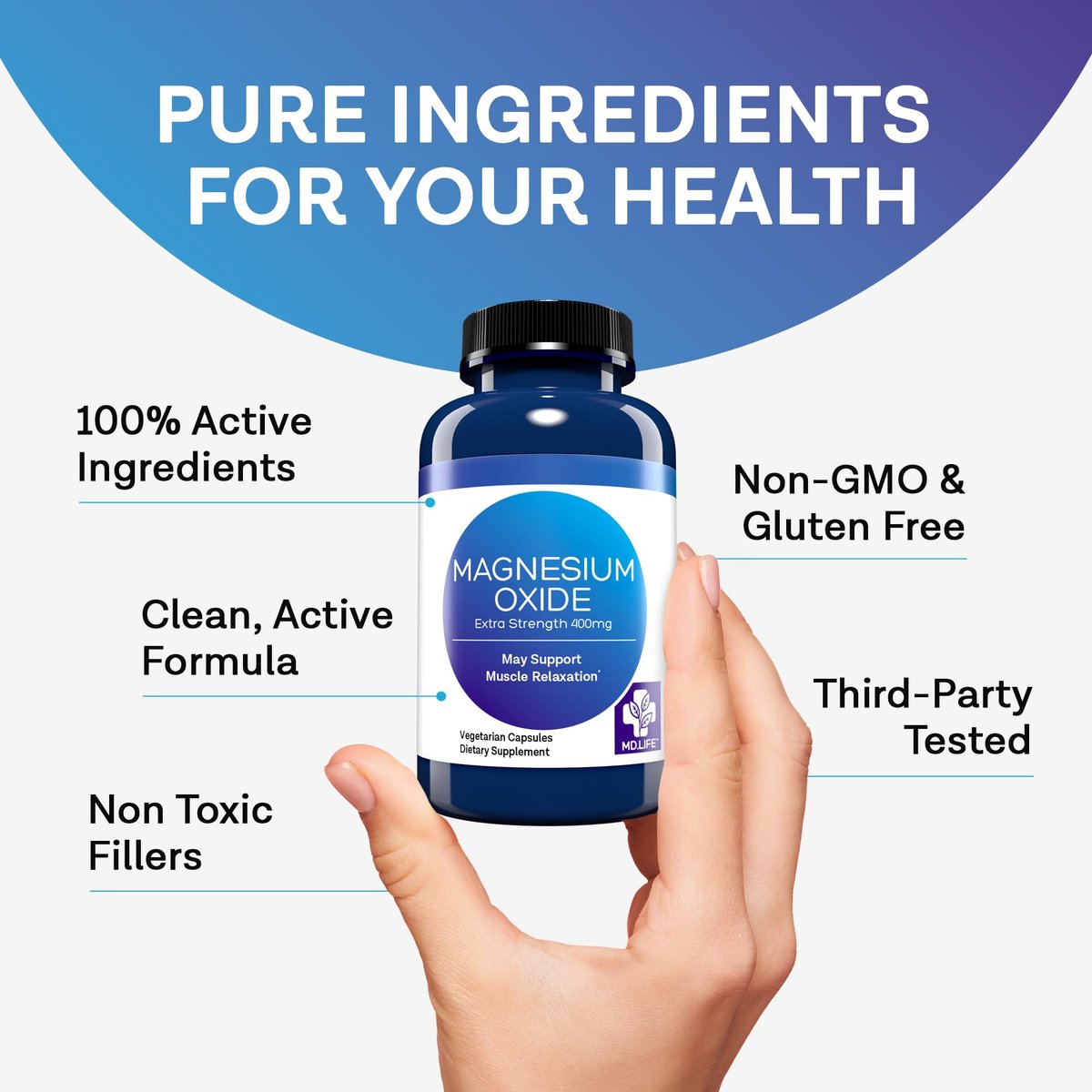 MD. Life Magnesiumoxid 400 mg Kapseln – Hochdosiertes Magnesium für Beinkrämpfe, Schlaf & Gefäßgesundheit – 60 Kapseln – Non-GMO für Frauen